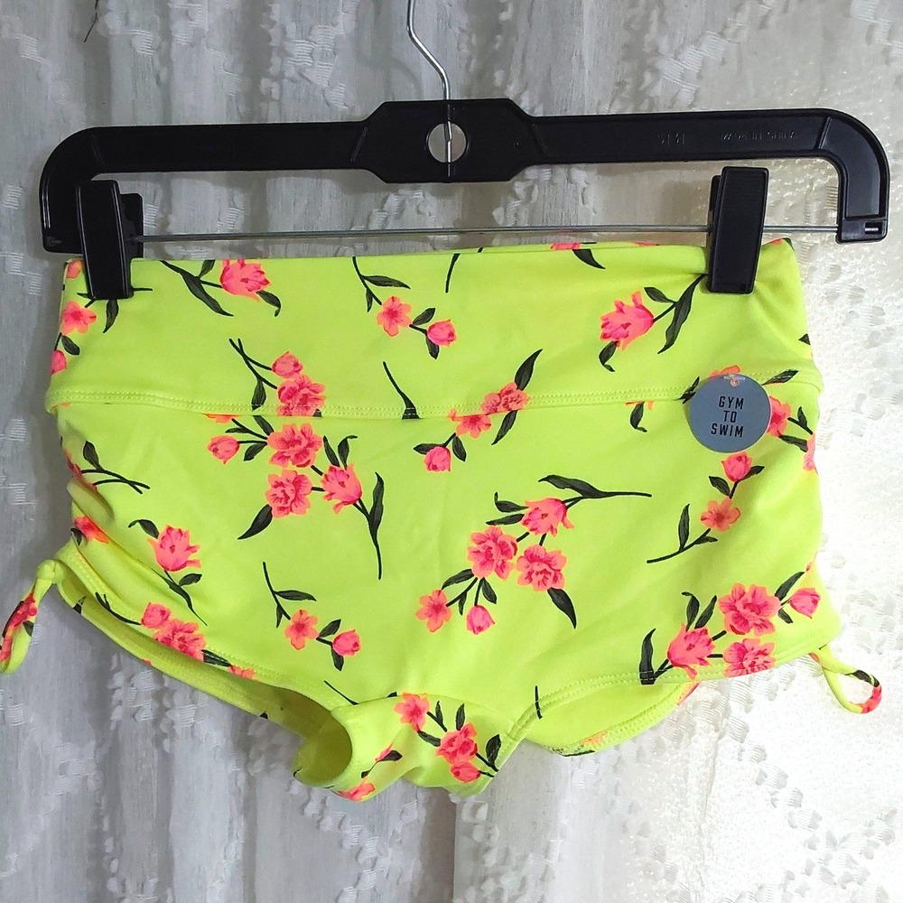PINK Victoria's Secret Neon Yellow Floral Gym to Swim Shorts Small NWT